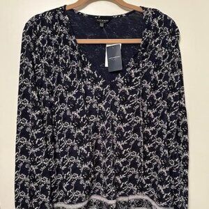 Lucky Brand Blouse NWT, Navy Blue with white print, XL